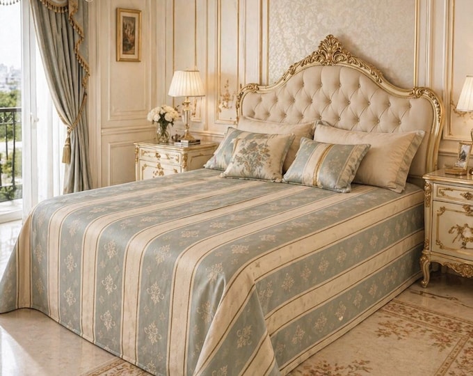 Gorgeous and luxurious blue and beige striped bedspread