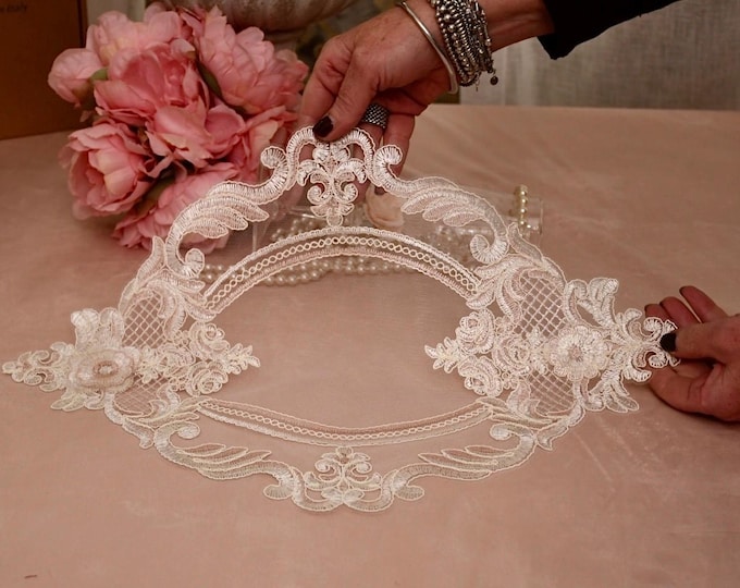 Pearl white and pink embroidered tulle doily “Celine”