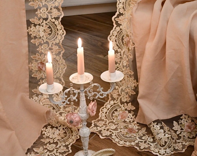 Pair of “Maria Carolina” linen and fine lace curtains