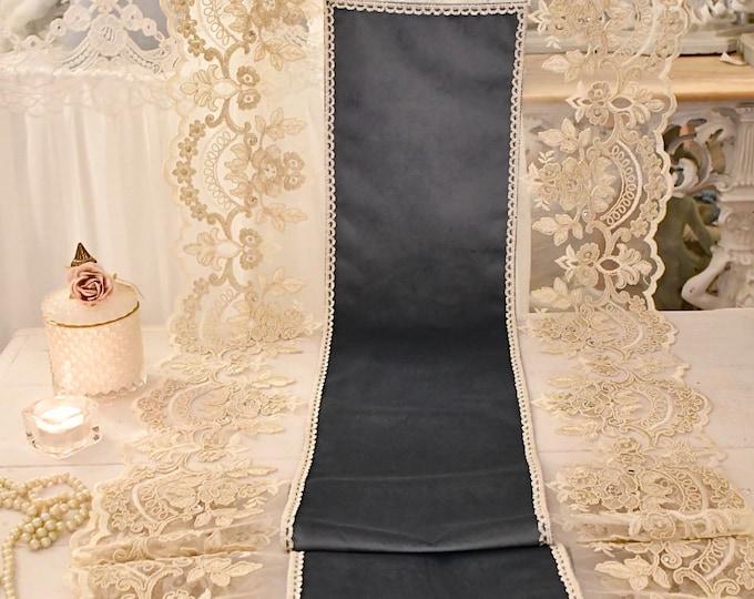 Wonderful blue velvet and lace runner “Claire”