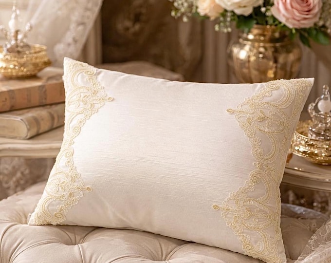 Luxury pearl white silk satin cushion with cream gold rebrodé lace – decorative cover for baroque style bed and sofa