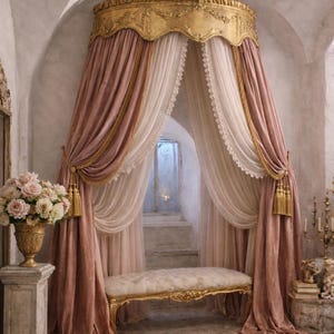Könnte beinhalten: Ein luxuriöses Himmelbett mit goldfarbener Krone und Rahmen, drapiert mit rosa Samt- und weißen Spitzenvorhängen. Das Bett befindet sich in einer gewölbten Nische, mit einer Bank und einem Blumenarrangement in der Nähe. Die Gesamtästhetik ist elegant und romantisch.