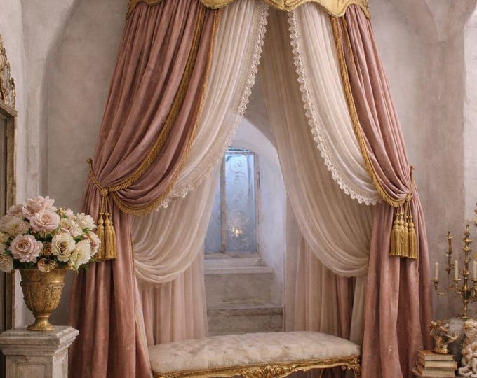 Royal Gold Canopy Bed with Velvet and Embroidered Tulle Curtains – Handcrafted Couture Bed Set
