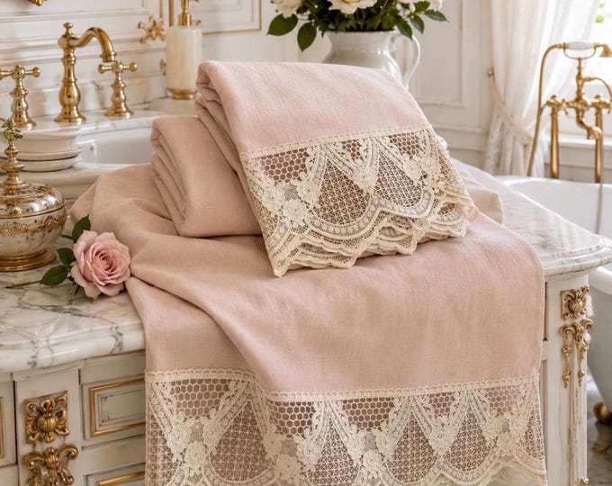 Stonewashed Pure Linen Towel Set with Macramé Lace – Faggianis Italian Elegance
