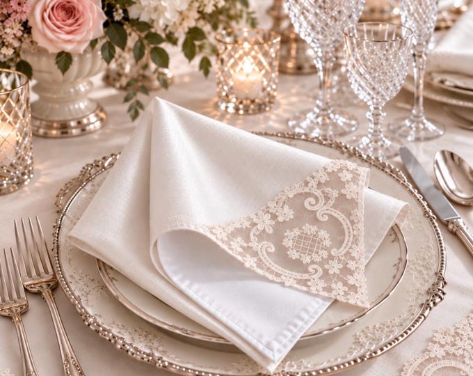 Satin napkins with precious “Baroque” lace, total white and cotton, from the Luxory collection.