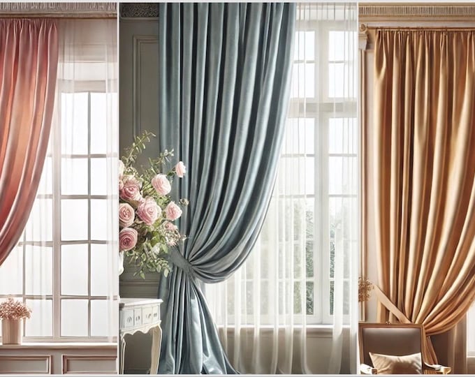 Luxury curtain in Italian satin gold / light blue / antique pink Made in Italy