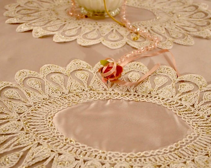 Set of 2 Faggianis Handcrafted Oval Doilies in Beige, Gold, and Pink Satin Lace – Elegant Gift Idea