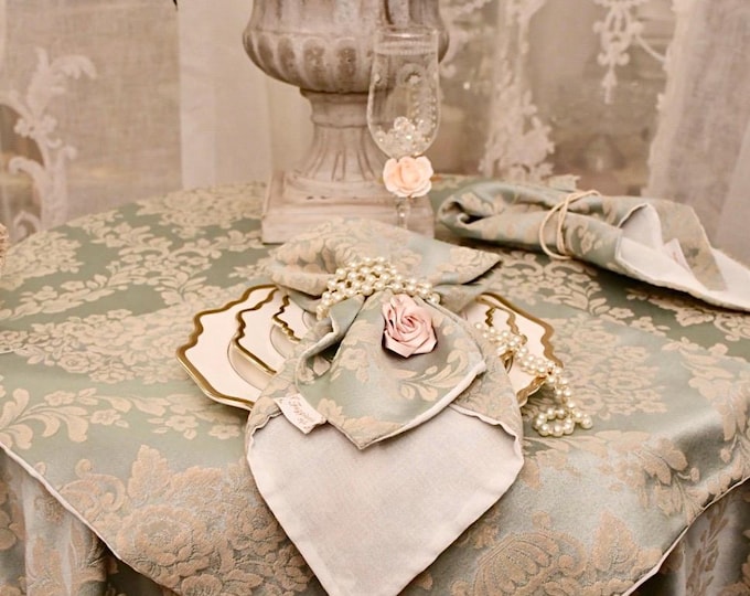 Damask light blue satin napkins and linen collection “Royal Style” set