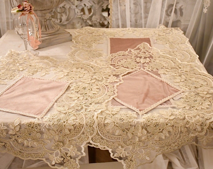 Wonderful trio of pink velvet doilies and “Claire” lace