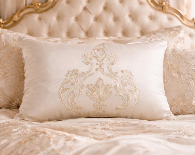Luxury pearl white silk satin cushion with cream gold rebrodé lace embroidered tablò – decorative cover for baroque style bed and sofa.