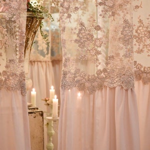 “Greta” antique lace curtain in mauve pink and pink georgette