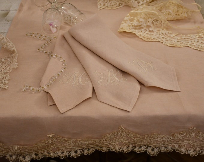Embroidered Napkins with Initials in Pink Linen Set of Six
