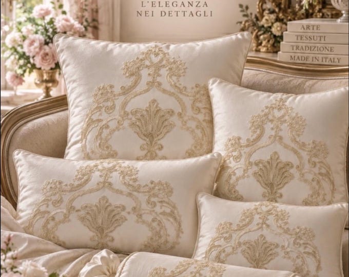 Decorative cushion in white flamed satin with embroidered tablò, Renaissance and Baroque style, handmade in Italy
