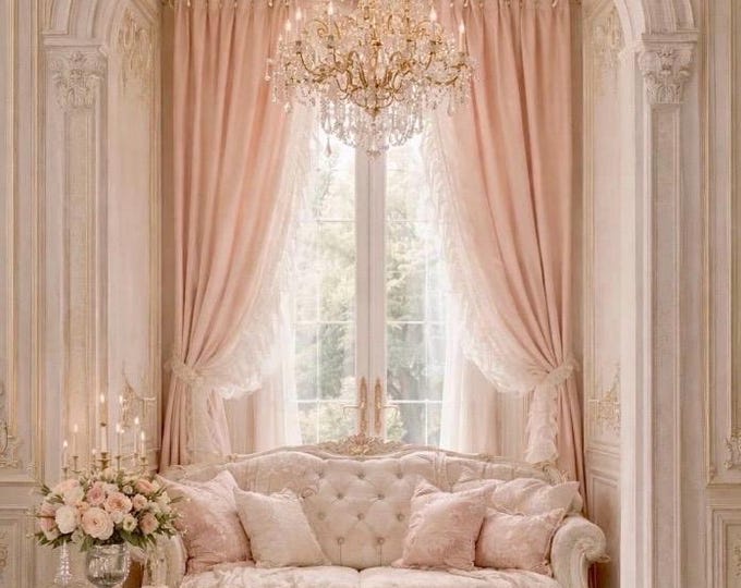 Pair of georgette curtains with white tulle ruffles, pink or white curtains, shiny and opaque, romantic style