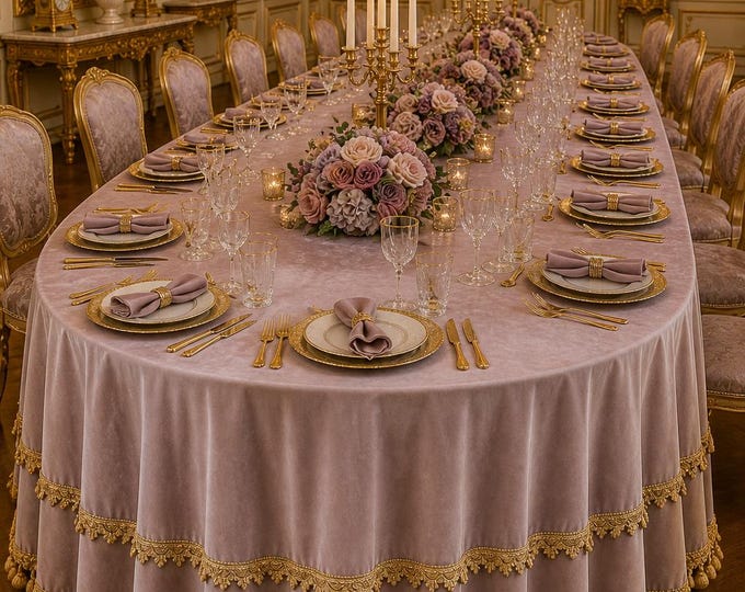 Tablecloth from the “Duchessa” collection, fine velvet and gold trimmings. Colors: lilac, blue and burgundy.