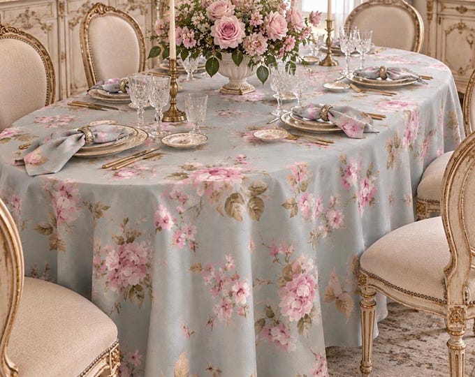 Pure blue cotton floral tablecloth with painted flowers, handcrafted in Italy, with a simple finish or trimmings