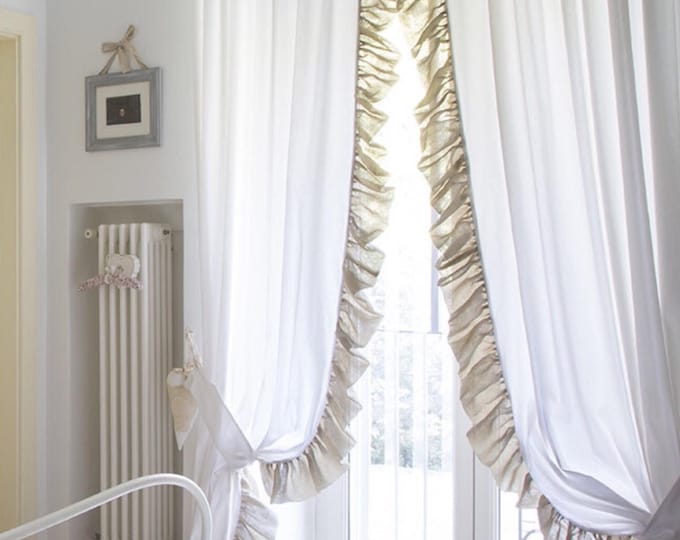 Pair of shabby chic cotton and linen curtains with voile made in Italy