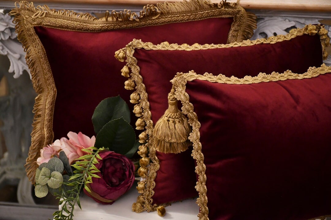 Duchessa Collection Cushion in Fine Velvet and Burgundy Antique Gold Trimmings Etsy Canada