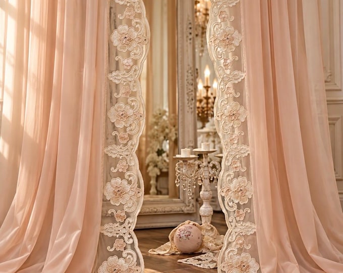 Pair of elegant georgette curtains with precious rebrodé lace and light points, antique pink or natural, luxury tailored curtains by Faggianis