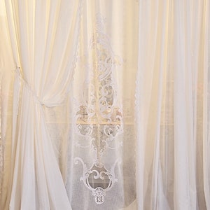 Complete curtain set in ivory white and linen georgette with Italian embroidery, “Annè” collection