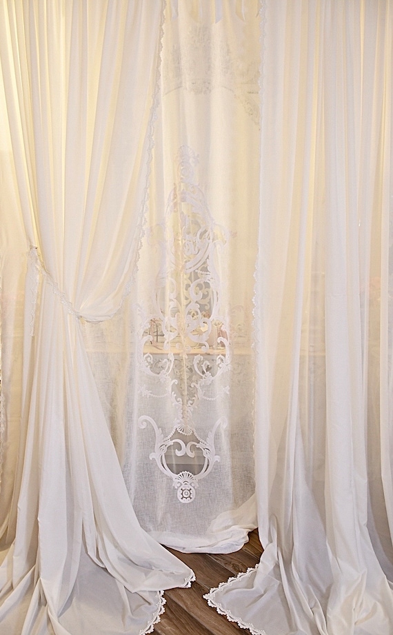 Complete Curtain Set in Ivory White and Linen Georgette With