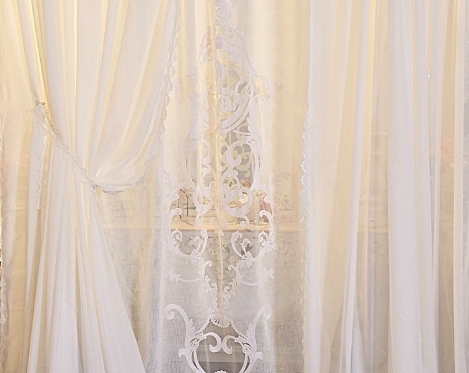 Complete curtain set in ivory white and linen georgette with Italian embroidery, “Annè” collection