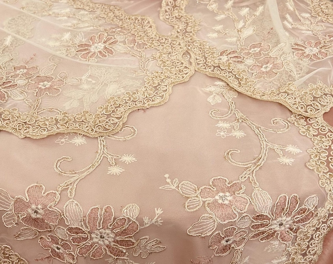 Set of three gold embroidered tulle doilies with pink flowers – Set for dressers and nightstands – Elegant and romantic lace – Embroidered doilies Made in Italy