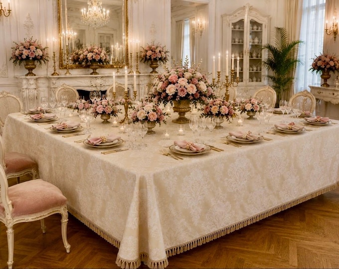 Ivory-Beige Brocade Tablecloth with Precious Trimmings – Sartorial Elegance in the Early Twentieth Century Style