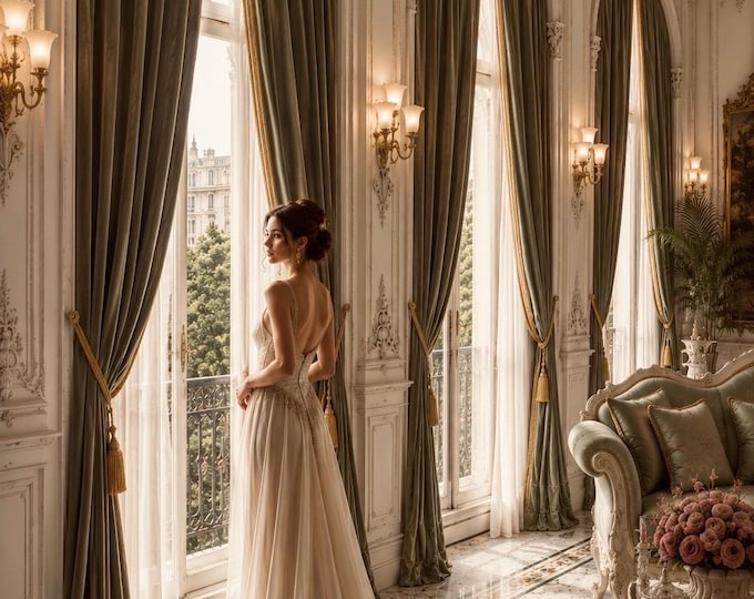 Imperial Sage Green “Aristocratic” Curtains with Precious Trimmings |