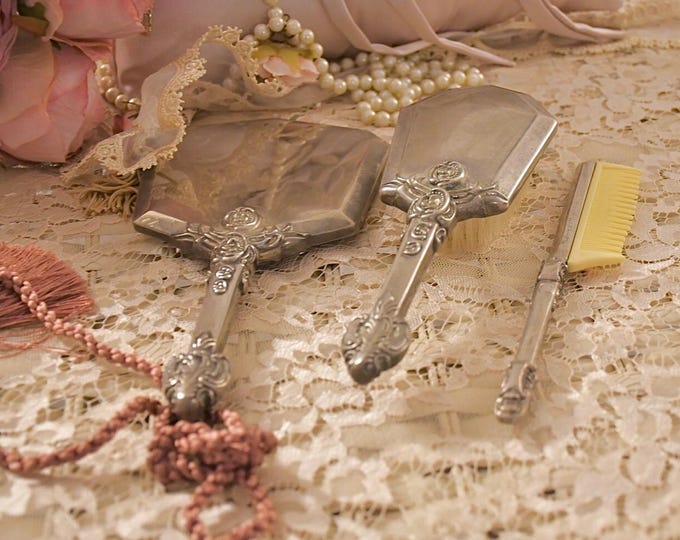 Refined Three Piece Dressing Table Set - Mirror, Brush and Comb Silver Plated - Early 20th Century Italian