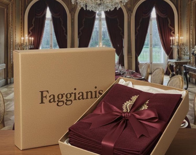 Bordeaux satin and velvet napkins with gold-embroidered “Sacred Heart”