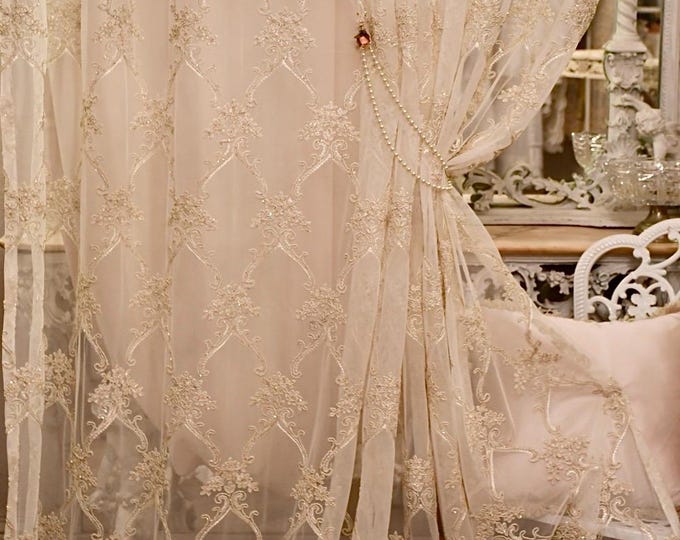 Ivory tulle curtain with gold embroidery “Incanto Barocco” sartorial elegance for dream environments