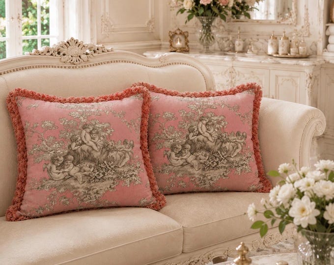 Cushion with toile de jouy trimmings
