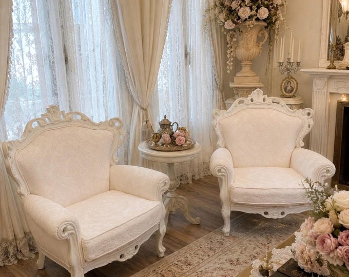 Pair of vintage Neapolitan armchairs from the 1950s in bleached wood and damask cotton piquet