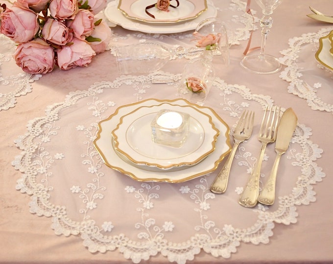 Italian embroidered tulle chargers for a chic table