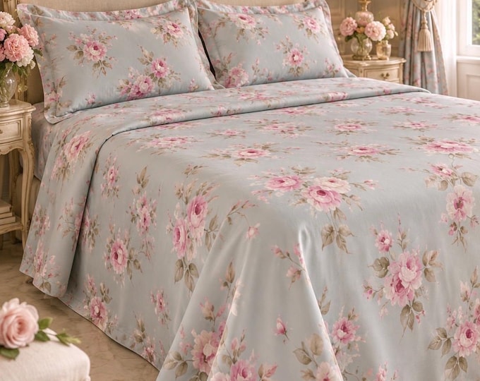 Pure blue cotton floral bedspread with painted flowers, handcrafted in Italy, with a simple finish or trimmings