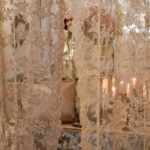 Wonderful mauve pink “Greta” antique lace curtain