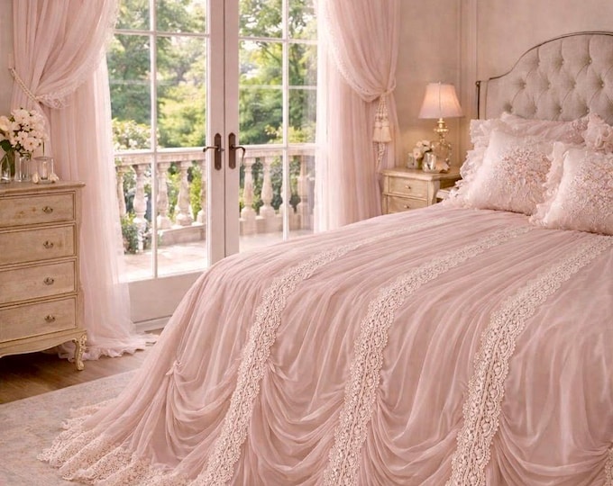 Tailored georgette bedspread with Italian trimmings, Made in Italy, powder pink or ivory, luxury craftsmanship