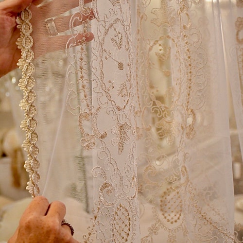 Shops Embroidered tulle curtain panel with trimmings braid 