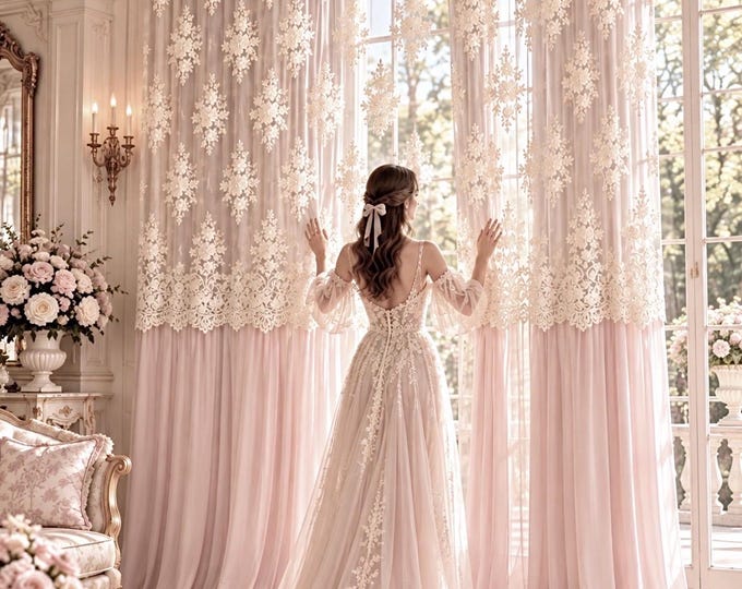 Greta Embroidered Lace and Georgette Curtain, Beige Floral Tulle with Pink or Ivory Skirt, Elegant Romantic Curtain