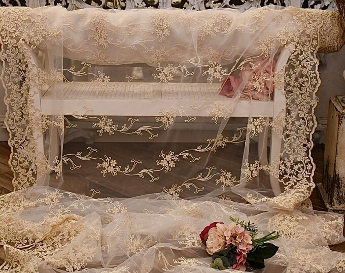 Beige “Eloide” embroidered tulle fabric