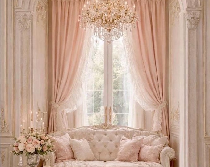 Coppia Tende Rosa Cipria in Georgette Double Face con Volant in Tulle Bianco – Tende Romantiche Sartoriali Faggianis