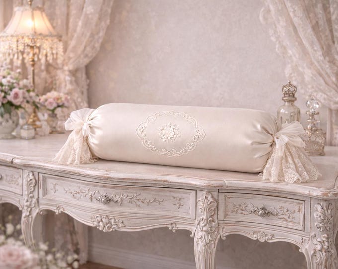 Luxury cylindrical cushion in silk satin and fine lace