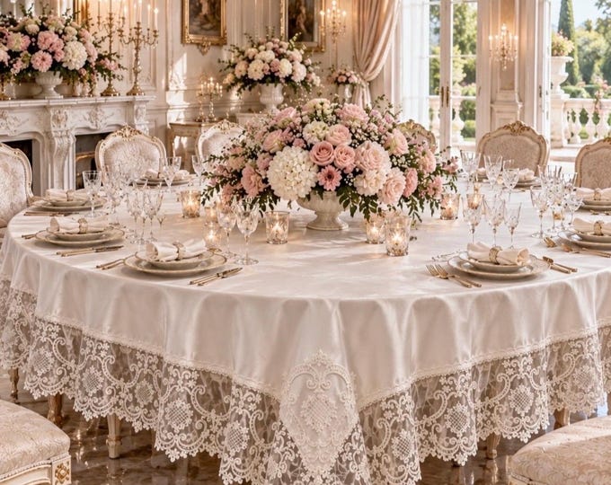 Luxury White Tablecloth in Italian Cotton Satin with Baroque Lace, Elegant Tablecloth for Ceremonies, Receptions and Trousseau