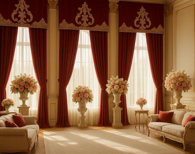 Tailored curtain set in Bordeaux velvet with neoclassical Italian rebrodé lace valance, “Ottocento” collection