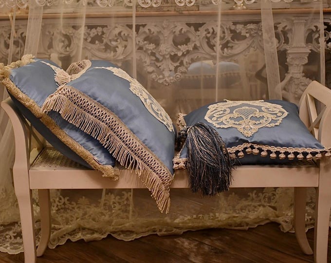 Royal Coat of Arms Cushion in blue silk satin “Ottocento” collection