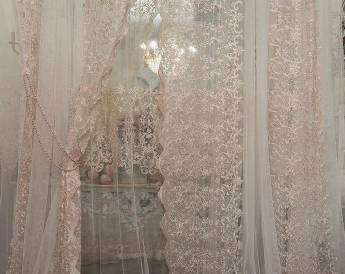"Ambra" embroidered tulle curtains from the "Le Trasparenze" collection, complete with 3 panels