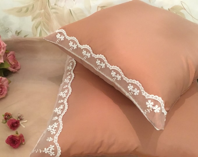 Pillow cover taffeta and intense antique pink lace handmade in Italy