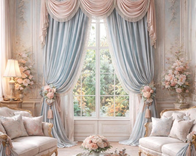Complete set of pink and blue georgette curtains with lace valance and tailored drapes