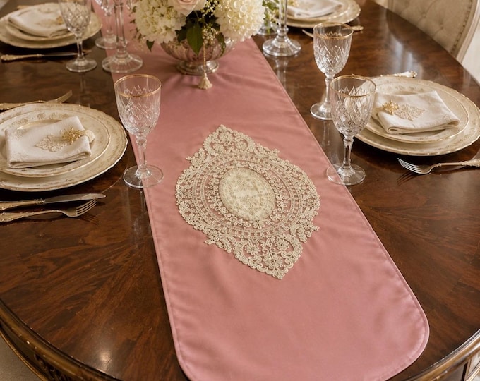 Faggianis Runner in Antique Pink Flamed Cotton Satin with Central Embroidery and Bows